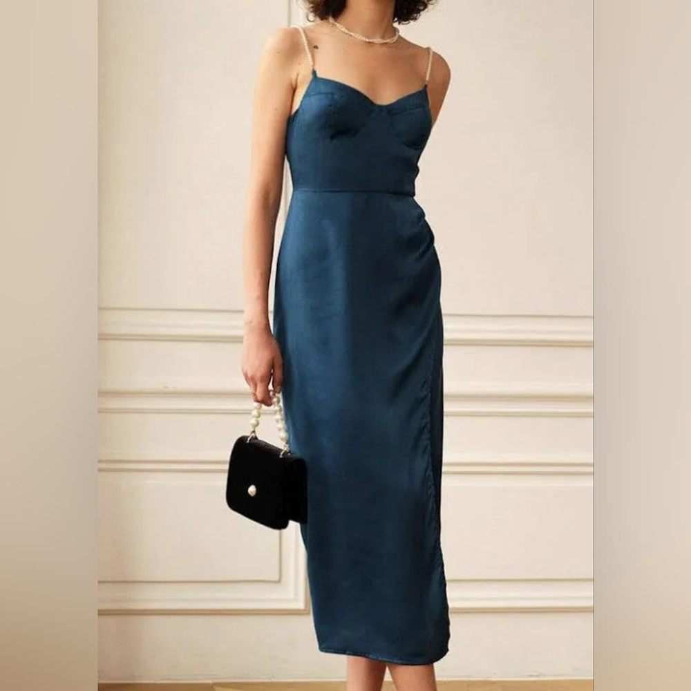 Pearl Strap Side Slit Blue Satin Midi Dress 